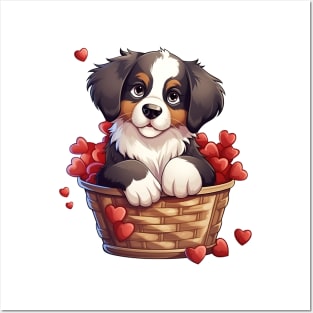 Cartoon Bernese Mountain Dog in Hearts Basket Posters and Art